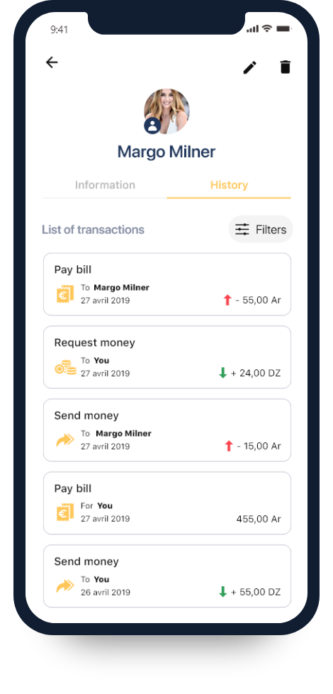 DizzitApp Transaction History - Pay Bill, Request Money, Send Money