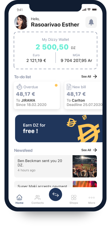 DizzitApp Home Screen showing bill payments and newsfeed
